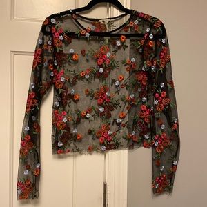 mesh top with floral embroidery